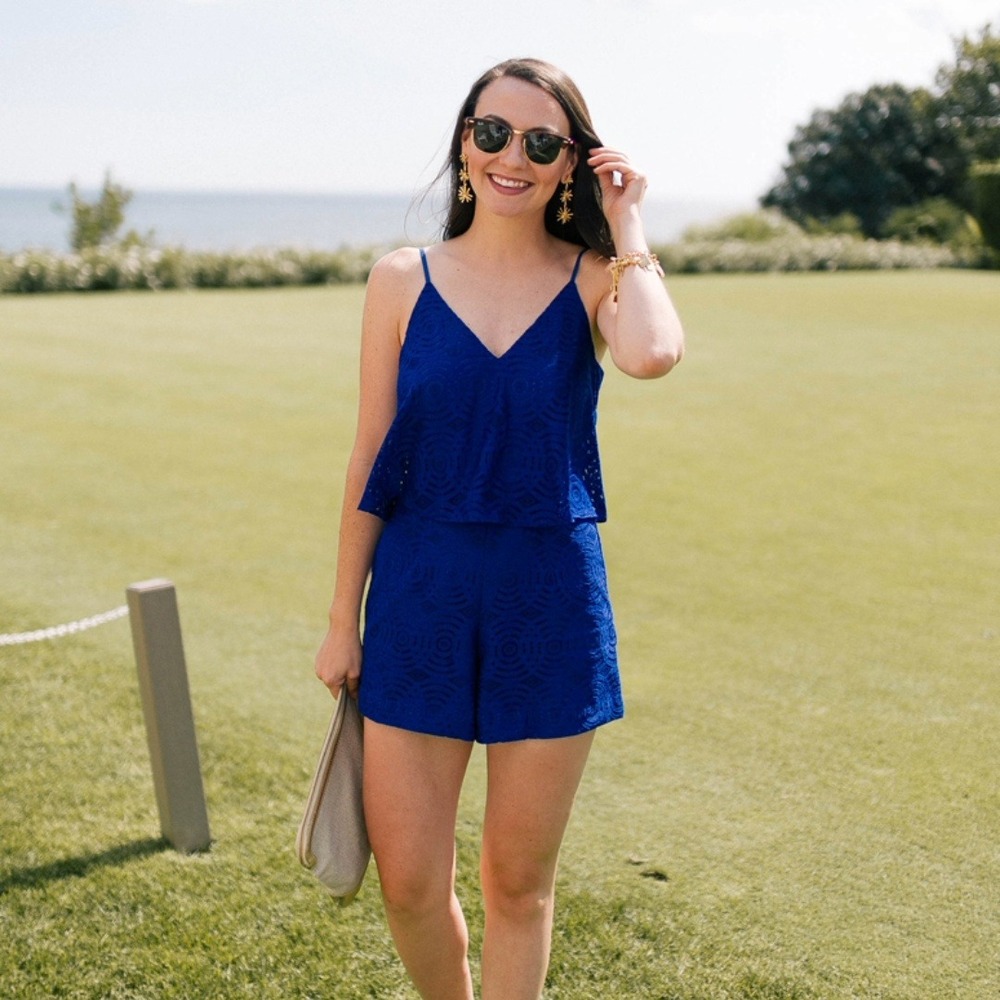 Lilly‎ Pulitzer Blue Caia Romper Knotty Lace Minimalist Preppy Coastal Summer